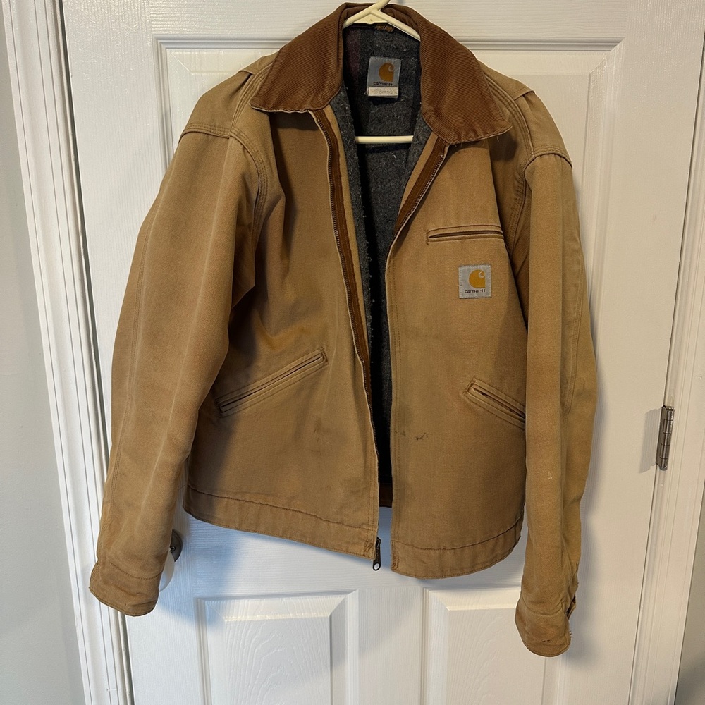 Vintage Carhartt Detroit J01 Tan Distressed Field Jacket with Brown Collar